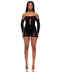 Cross Your Mind Romper Bodystocking W/Rhinestone Details & Gloves 2 Pc Set - Black