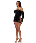 Cross Your Mind Romper Bodystocking W/Rhinestone Details & Gloves 2 Pc Set - Black