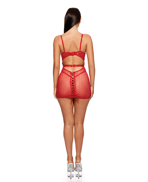 La Vie En Rose Metallic Embroidered Chemise, Panty & Belt 3 Pc Set - Red