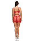 La Vie En Rose Metallic Embroidered Chemise, Panty & Belt 3 Pc Set - Red