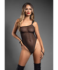 Domina One-Shoulder Sheer Mesh Teddy W/Rope Cuffs - Black
