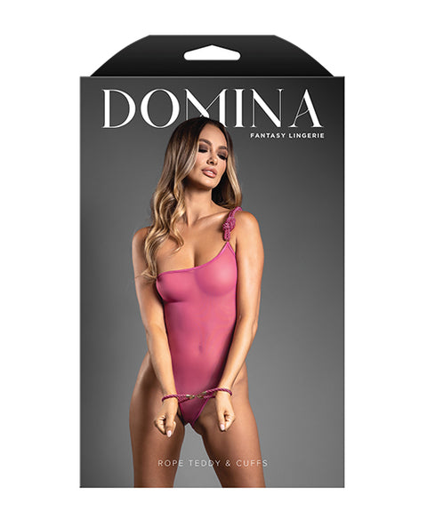 Domina One-Shoulder Sheer Mesh Teddy W/Rope Cuffs - Pink