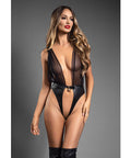 Domina Plunge Front Sheer Mesh & Vegan Leather Teddy W/Lock & Key - Black