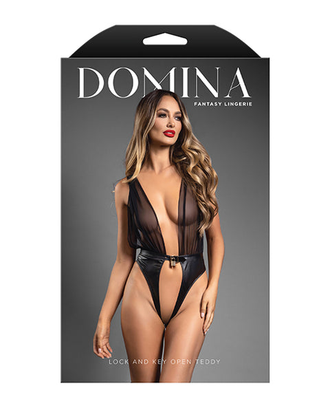 Domina Plunge Front Sheer Mesh & Vegan Leather Teddy W/Lock & Key - Black