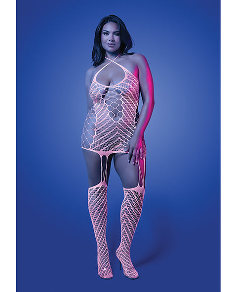 Metamorphic Glow-In-The-Dark Bodystocking Dress; Glows Pink - White