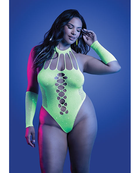 Pressure Point Uv Reactive Rhinestone Studded Teddy & Gloves/Leg Warmers 2 Pc Set - Neon Green