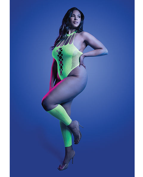 Pressure Point Uv Reactive Rhinestone Studded Teddy & Gloves/Leg Warmers 2 Pc Set - Neon Green