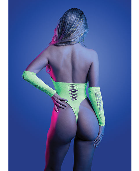 Pressure Point Uv Reactive Rhinestone Studded Teddy & Gloves/Leg Warmers 2 Pc Set - Neon Green