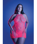 Back It Up Fishnet Halter Dress In Floral Knit - Neon Pink