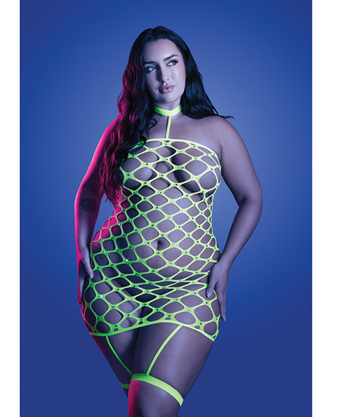 Warning Sign Gartered Fishnet Dress W/Rhinestone Detail - Neon Green
