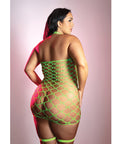 Warning Sign Gartered Fishnet Dress W/Rhinestone Detail - Neon Green
