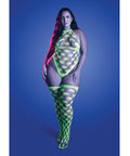 Adrenaline Halter Teddy & Stockings In Geometric Rhinestone Diamond Fishnet - Neon Green
