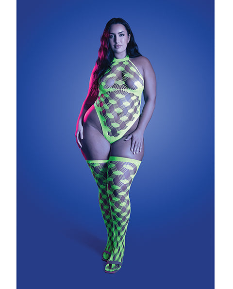 Adrenaline Halter Teddy & Stockings In Geometric Rhinestone Diamond Fishnet - Neon Green