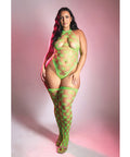 Adrenaline Halter Teddy & Stockings In Geometric Rhinestone Diamond Fishnet - Neon Green