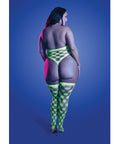 Adrenaline Halter Teddy & Stockings In Geometric Rhinestone Diamond Fishnet - Neon Green