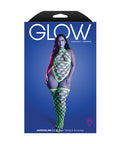 Adrenaline Halter Teddy & Stockings In Geometric Rhinestone Diamond Fishnet - Neon Green
