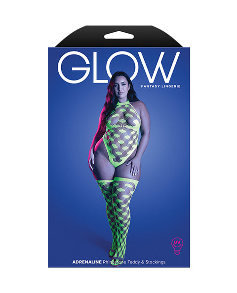 Adrenaline Halter Teddy & Stockings In Geometric Rhinestone Diamond Fishnet - Neon Green