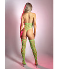 Adrenaline Halter Teddy & Stockings In Geometric Rhinestone Diamond Fishnet - Neon Green
