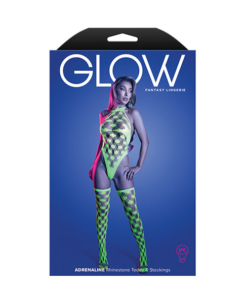 Adrenaline Halter Teddy & Stockings In Geometric Rhinestone Diamond Fishnet - Neon Green