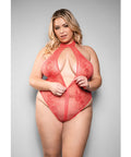 Temptress Calliope Striped Sheer Floral Lace Zippered Teddy - Coral 3X/4X