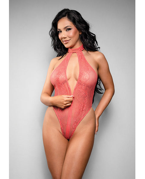 Temptress Calliope Striped Sheer Floral Lace Zippered Teddy - Coral 3X/4X