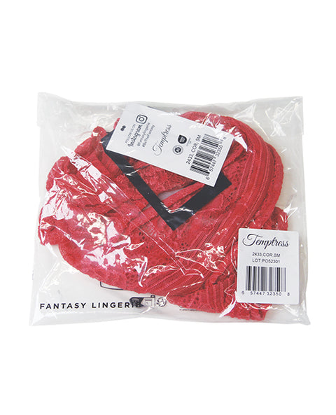 Temptress Calliope Striped Sheer Floral Lace Zippered Teddy - Coral 3X/4X