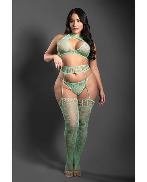 Sheer Heart Of Glass Lace Knit Halter Top W/G-String & Gartered Stockings 3 Pc Set - Mint