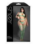 Sheer Heart Of Glass Lace Knit Halter Top W/G-String & Gartered Stockings 3 Pc Set - Mint