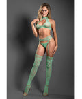 Sheer Heart Of Glass Lace Knit Halter Top W/G-String & Gartered Stockings 3 Pc Set - Mint