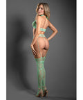 Sheer Heart Of Glass Lace Knit Halter Top W/G-String & Gartered Stockings 3 Pc Set - Mint