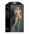 Sheer Heart Of Glass Lace Knit Halter Top W/G-String & Gartered Stockings 3 Pc Set - Mint