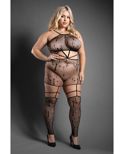 Sheer Unholy Gartered Bodystocking Dress W/Attached Stockings - Black