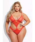 Nadia Lace & Mesh Cutout Teddy - Grenadine Dark Orange