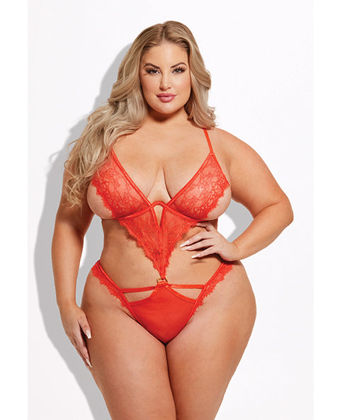 Nadia Lace & Mesh Cutout Teddy - Grenadine Dark Orange