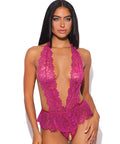 Jocelyn Lace Halter Teddy w/Open Crotch - Raspberry MD