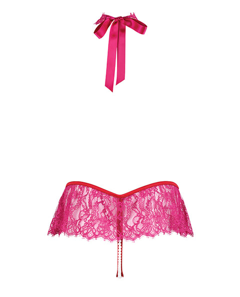 Jocelyn Lace Halter Teddy w/Open Crotch - Raspberry XL
