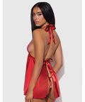 Jocelyn Lace & Satin Halter Mini Babydoll Dress w/Thong - Raspberry LG