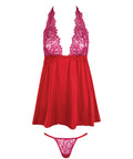 Jocelyn Lace & Satin Halter Mini Babydoll Dress w/Thong - Raspberry LG