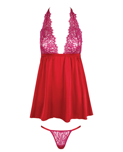 Jocelyn Lace & Satin Halter Mini Babydoll Dress w/Thong - Raspberry LG