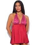 Jocelyn Lace & Satin Halter Mini Babydoll Dress w/Thong - Raspberry SM