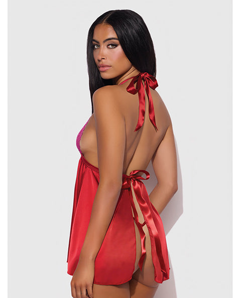 Jocelyn Lace & Satin Halter Mini Babydoll Dress w/Thong - Raspberry SM