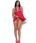 Jocelyn Lace & Satin Halter Mini Babydoll Dress w/Thong - Raspberry SM