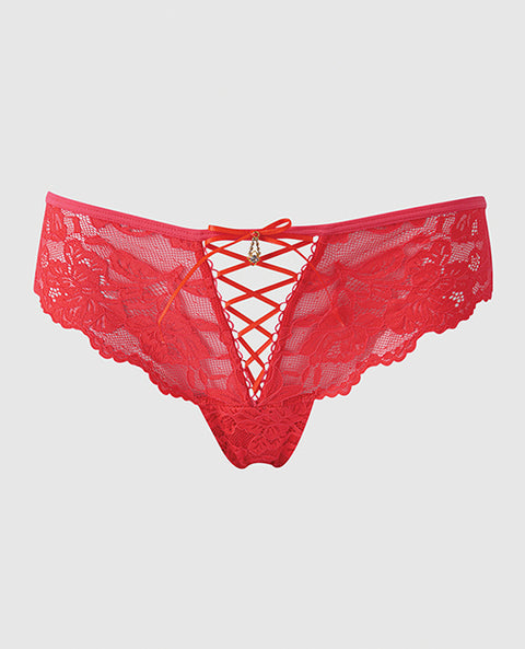 Bella Lace Up Tanga Panty w/Jewel Detail - Coral XL