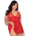 Kiki Lace Halter Babydoll w/Open Back & Thong - Red 3X/4X