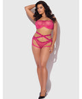 Yvone Lace Bra w/Removable Straps, Garter & Tanga Panty 3 pc Set - Pink 3X/4X