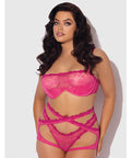 Yvone Lace Bra w/Removable Straps, Garter & Tanga Panty 3 pc Set - Pink 3X/4X