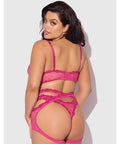 Yvone Lace Bra w/Removable Straps, Garter & Tanga Panty 3 pc Set - Pink 3X/4X