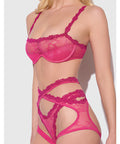 Yvone Lace Bra w/Removable Straps, Garter & Tanga Panty 3 pc Set - Pink 3X/4X