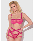 Yvone Lace Bra w/Removable Straps, Garter & Tanga Panty 3 pc Set - Pink 3X/4X