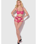 Yvone Lace Bra w/Removable Straps, Garter & Tanga Panty 3 pc Set - Pink 3X/4X